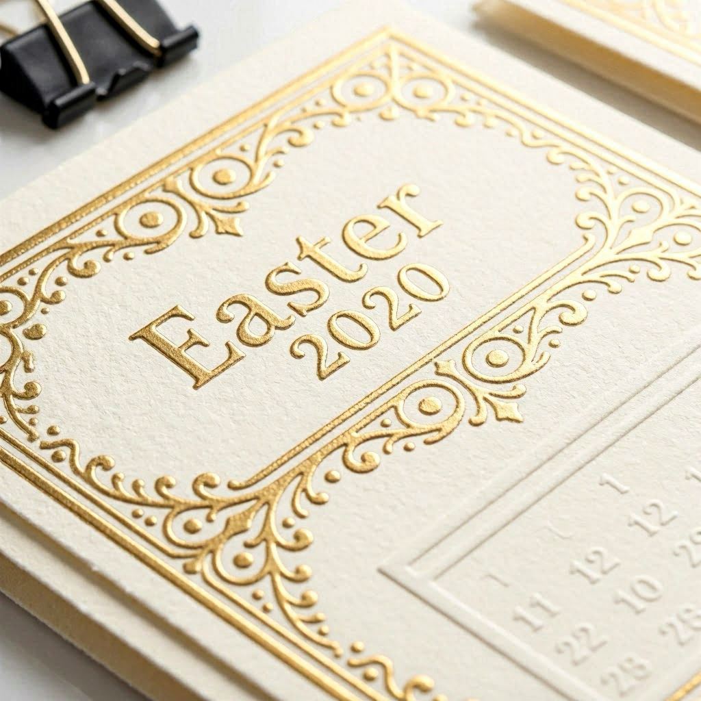 A luxurious printed calendar card for Easter 2020 with embossed gold foil lettering, intricate filigree patterns, and cream cardstock texture, lit with soft studio spotlights to highlight metallic reflections, macro close-up shot for fine detail.